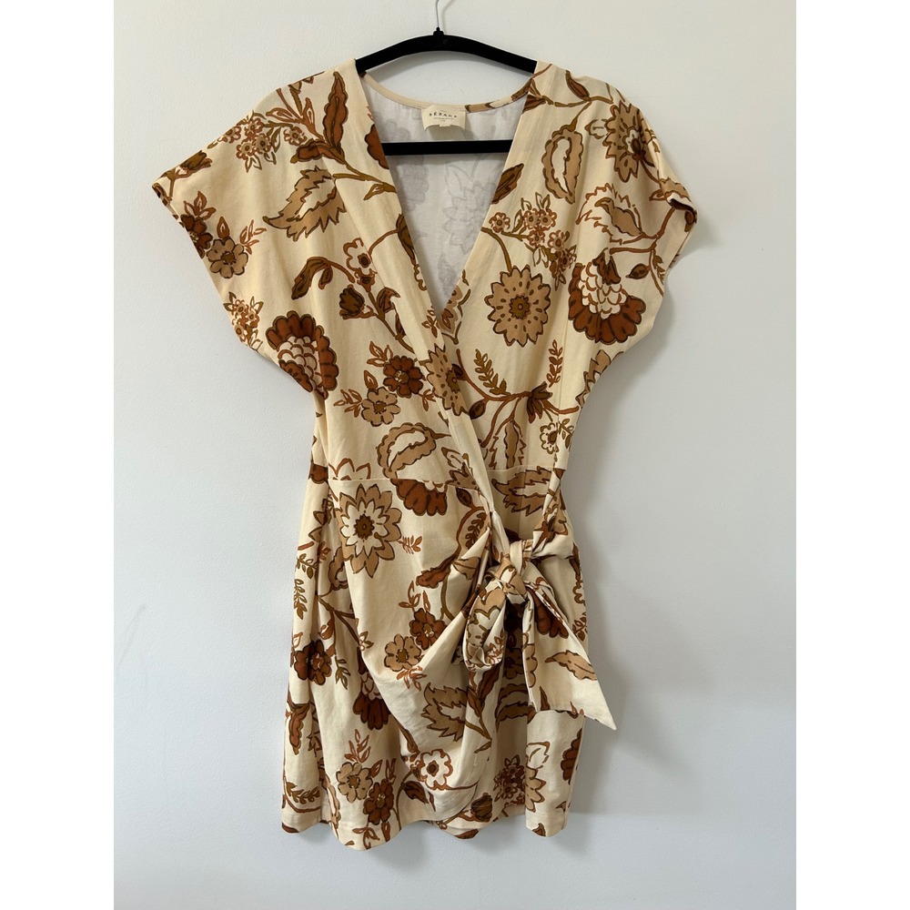 Sezane Samantha XS Floral Wrap Mini Dress Cream Brown  Organic Cotton‎ Adelia